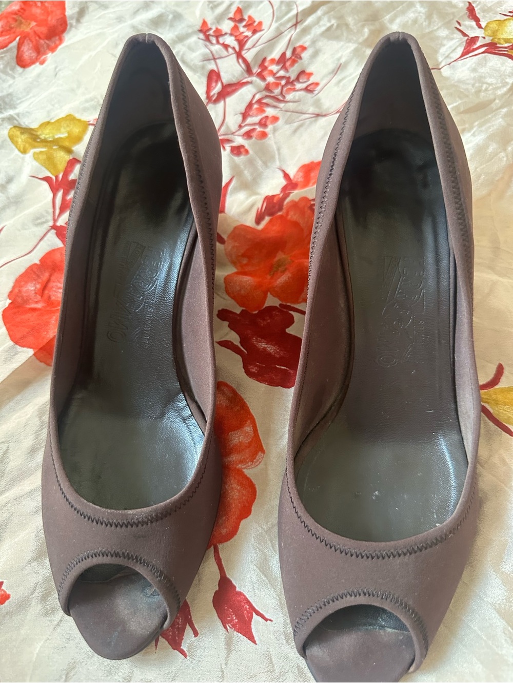 Ferragamo Brown Peep-Toe Neoprene Wedge Heels Size 8
